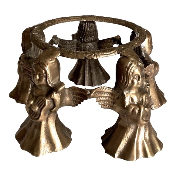 Brass Five Girl Angels Playing Guitar Round Base Candle Holder Art Deco VTG EUC - Picture 6 of 14